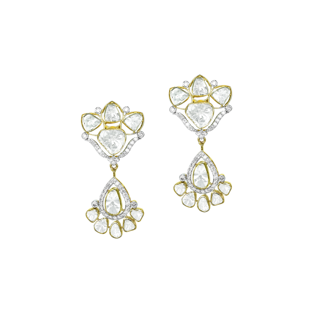 Teardrop Polki Earrings with Diamonds and Dangling Motif